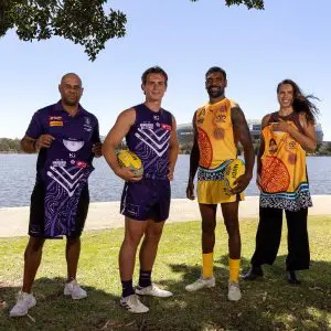 Roger Hayden, Caleb Serong, Liam Ryan and Jade Dolman ahead of the 2025 Indigenous All Stars match (Image via AFL Photos)