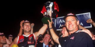 Stewart Loewe celebrates the 1996 night Grand Final victory with St Kilda