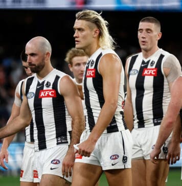 Collingwood, Darcy Moore, Steele Sidebottom. Photo credit: Michael Wilson/AFL Photos.