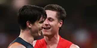 Sam Taylor and Hayden McLean during the match between Greater Western Sydney and Sydney at Giants Stadium in round 21, 2023. Picture: AFL Photos