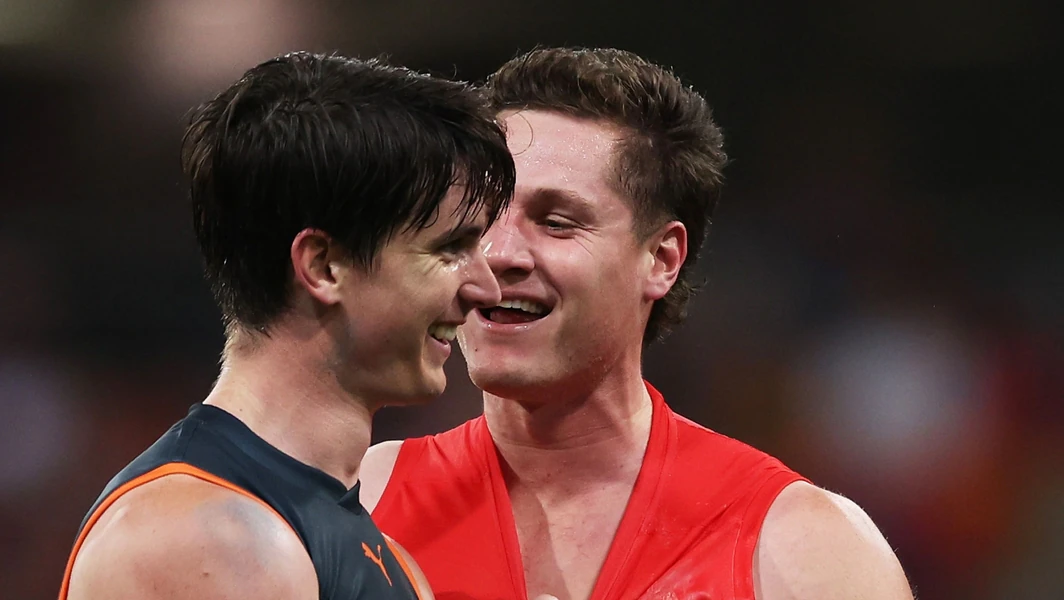 Sam Taylor and Hayden McLean during the match between Greater Western Sydney and Sydney at Giants Stadium in round 21, 2023. Picture: AFL Photos