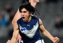 Isaac Kako celebrates a goal during Vic Metro's Marsh U18 National Championships Boys match against Vic Country on July 14, 2024. Picture: AFL Photos