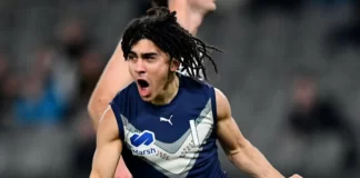 Isaac Kako celebrates a goal during Vic Metro's Marsh U18 National Championships Boys match against Vic Country on July 14, 2024. Picture: AFL Photos