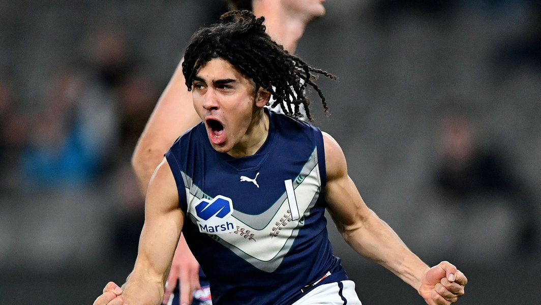 Isaac Kako celebrates a goal during Vic Metro's Marsh U18 National Championships Boys match against Vic Country on July 14, 2024. Picture: AFL Photos