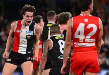 Mattaes Phillipou celebrates St Kilda's win over Sydney in R17, 2024. Picture: AFL Photos