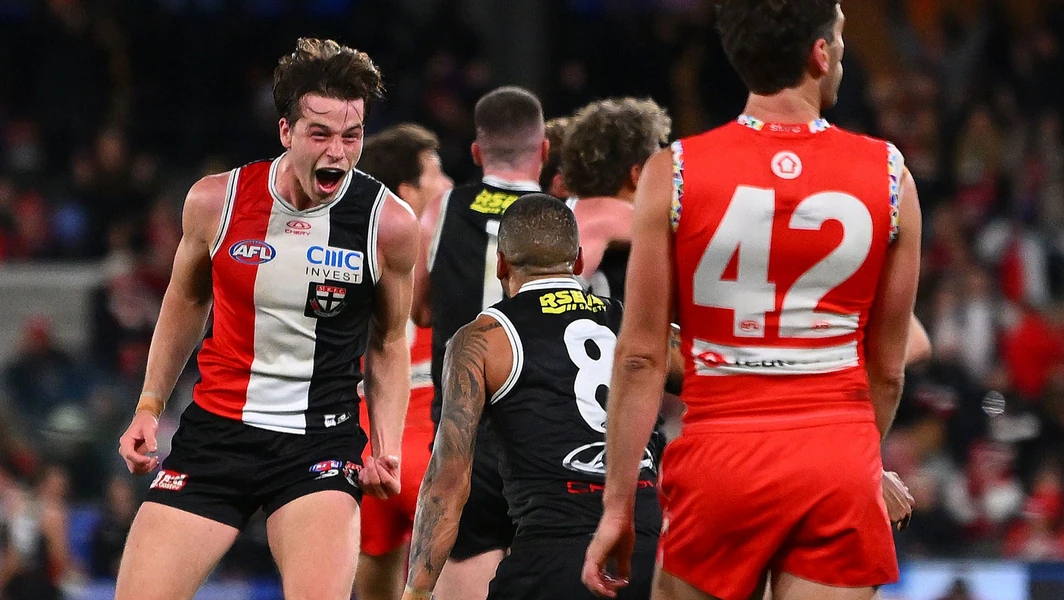 Mattaes Phillipou celebrates St Kilda's win over Sydney in R17, 2024. Picture: AFL Photos