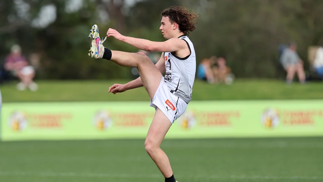 Oliver Hannaford kicks for goal during Greater Western Victoria Rebels' clash against Oakleigh Chargers in the Coates Talent League on August 18, 2024. Picture: AFL Photos