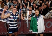 Mark O’Connor and Zach Tuohy celebrate after Geelong won the 2022 Grand Final against Sydney at the MCG on September 24, 2022. Picture: AFL Photos