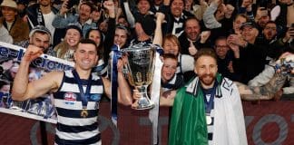 Mark O’Connor and Zach Tuohy celebrate after Geelong won the 2022 Grand Final against Sydney at the MCG on September 24, 2022. Picture: AFL Photos