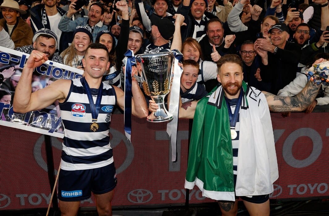 Mark O'Connor and Zach Tuohy celebrate after Geelong won the 2022 Grand Final against Sydney at the MCG on September 24, 2022. Picture: AFL Photos