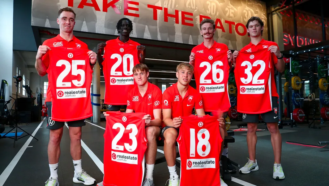 Sydney recruits (back row) Ben Paton, Riak Andrew, Riley Bice and Blake Laidler, and (front row) Ned Bowman and Jesse Dattoli. Picture: Sydney Swans