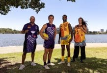 Roger Hayden, Caleb Serong, Liam Ryan and Jade Dolman ahead of the 2025 Indigenous All Stars match (Image via AFL Photos)