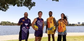 Roger Hayden, Caleb Serong, Liam Ryan and Jade Dolman ahead of the 2025 Indigenous All Stars match (Image via AFL Photos)