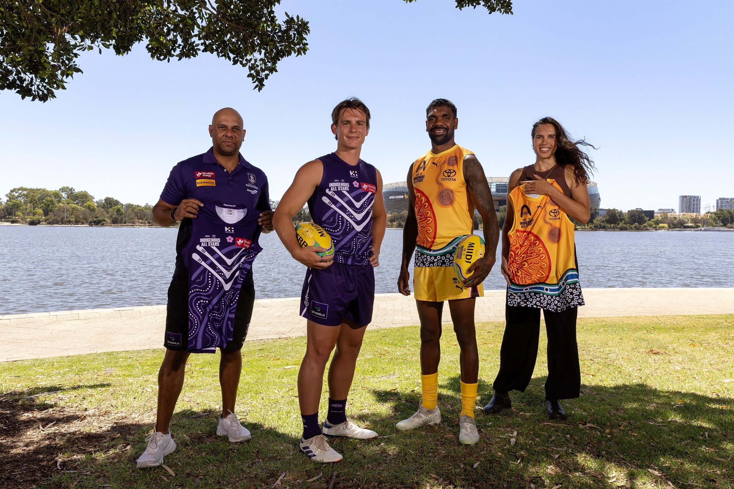 Roger Hayden, Caleb Serong, Liam Ryan and Jade Dolman ahead of the 2025 Indigenous All Stars match (Image via AFL Photos)