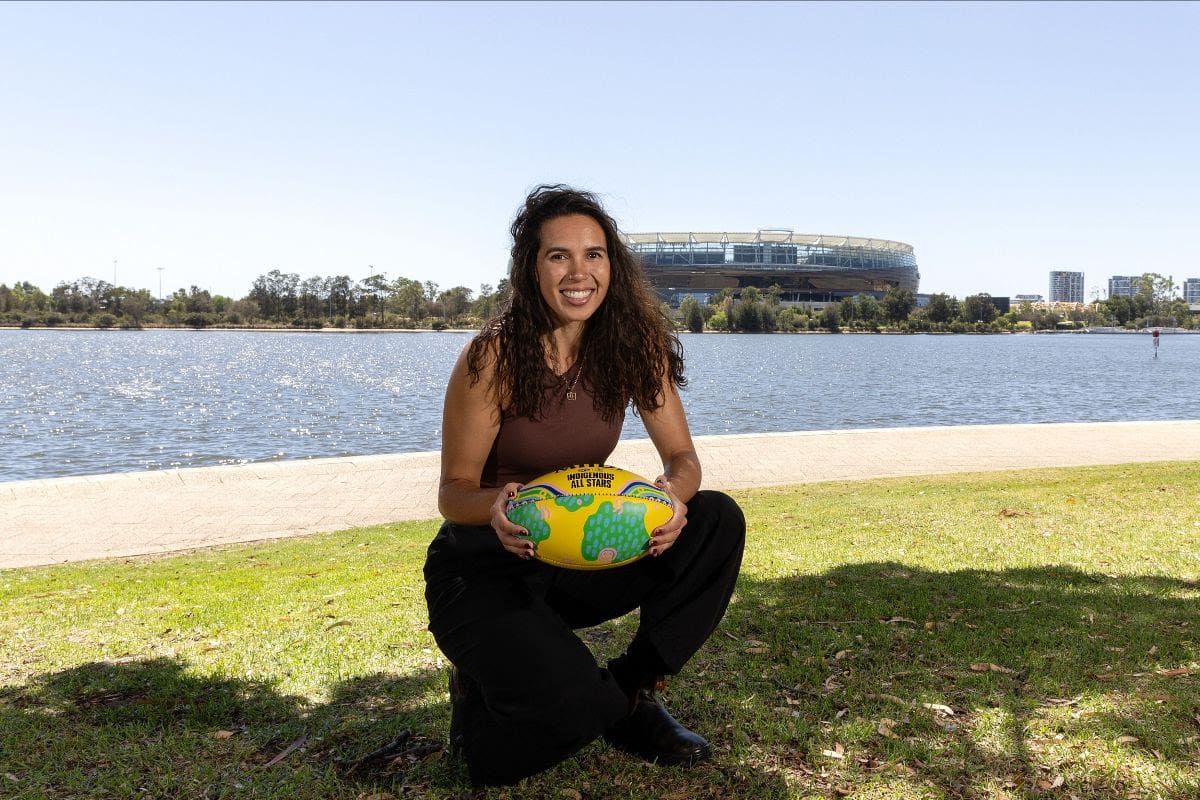 The match-day Sherrin for the 2025 Toyota AFL Indigenous All Stars, featuring artwork designed by Jade Dolman. Credit: Will Russell/AFL Photos