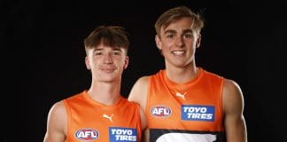 MELBOURNE, AUSTRALIA - NOVEMBER 20: Phoenix Gothard (L) and James Leake of the Giants pose for a photograph during the 2023 AFL Draft at Marvel Stadium on November 20, 2023 in Melbourne, Australia. (Photo by Daniel Pockett/Getty Images)