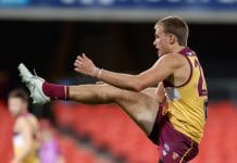 GOLD COAST, AUSTRALIA - FEBRUARY 20: Ty Gallop of the Lions kicks a goal during the 2025 AFL Match Simulation between Brisbane Lions and the Gold Coast Suns at People First Stadium on February 20, 2025 in the Gold Coast, Australia. (Photo by Russell Freeman/AFL Photos via Getty Images)