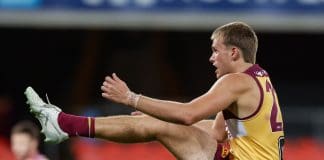 GOLD COAST, AUSTRALIA - FEBRUARY 20: Ty Gallop of the Lions kicks a goal during the 2025 AFL Match Simulation between Brisbane Lions and the Gold Coast Suns at People First Stadium on February 20, 2025 in the Gold Coast, Australia. (Photo by Russell Freeman/AFL Photos via Getty Images)