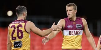 GOLD COAST, AUSTRALIA - FEBRUARY 20: Ty Gallop of the Lions celebrates a goal during the 2025 AFL Match Simulation between Brisbane Lions and the Gold Coast Suns at People First Stadium on February 20, 2025 in the Gold Coast, Australia. (Photo by Russell Freeman/AFL Photos via Getty Images)