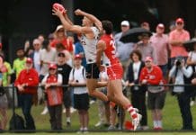 SYDNEY, AUSTRALIA - FEBRUARY 21: Harry Himmelberg of the Giants marks the ball during the AFL practice match between Sydney Swans and Greater Western Sydney Giants at Tramway Oval on February 21, 2025 in Sydney, Australia. (Photo by Darrian Traynor/Getty Images)