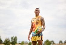 Michael Walters poses for a photo in the 2025 Indigenous All-Stars playing guernsey. Picture: AFL Photos