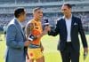 PERTH, AUSTRALIA - FEBRUARY 15: Michael Walters of the Indigenous All Stars is interviewed by Eddie Betts and Shaun Burgoyne during the 2025 Toyota AFL Indigenous All Stars match between the Indigenous All Stars and the Fremantle Dockers at Optus Stadium on February 15, 2025 in Perth, Australia. (Photo by Dylan Burns/AFL Photos via Getty Images)