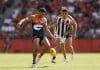 SYDNEY, AUSTRALIA - MARCH 09: Finn Callaghan of the Giants kicks the ball during the AFL Opening Round match between Greater Western Sydney Giants and Collingwood Magpies at ENGIE Stadium, on March 09, 2025, in Sydney, Australia. (Photo by Darrian Traynor/Getty Images)