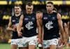 MELBOURNE, AUSTRALIA - MARCH 13: Patrick Cripps (left) and Jacob Weitering of the Blues look dejected after a loss during the 2025 AFL Round 01 match between the Richmond Tigers and the Carlton Blues at the Melbourne Cricket Ground on March 13, 2025 in Melbourne, Australia. (Photo by Michael Willson/AFL Photos via Getty Images)